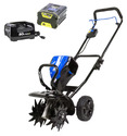 A Battery-Powered Tiller/Cultivator and a batter pack and charger against a white background