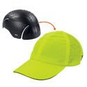 Black Head-Protecting Bump Cap on left with red arrow pointing to a yellow baseball cap indicating the Bump Cap goes inside the baseball cap.