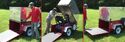 3 pics of a man opening the ScootaTrailer Wheelchair Carrier then loading a scooter into the carrier and finally of closing the carrier.